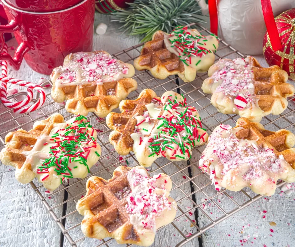 Christmas waffles on a cooling rack.