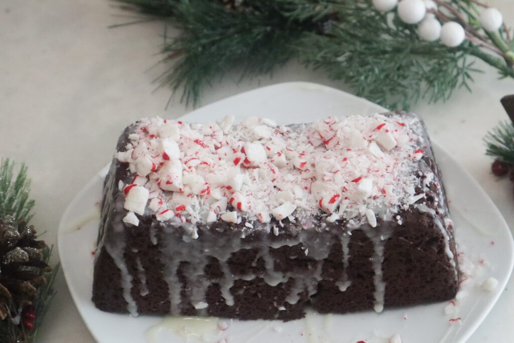 Keto chocolate peppermint cake on a plate.