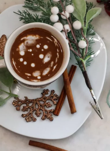 Gingerbread hot chocolate in a mug.