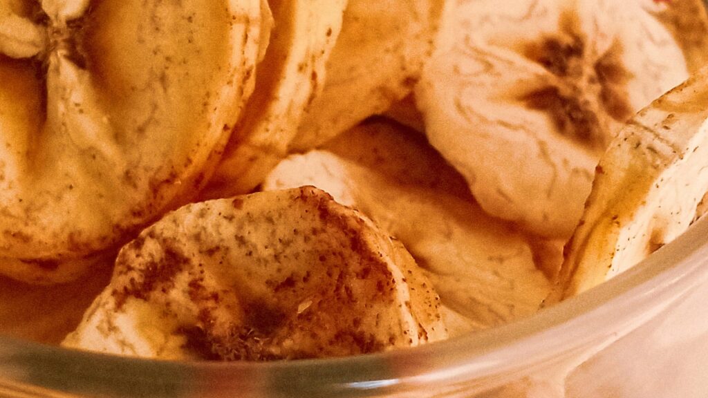 Dehydrated plantain chips in a bowl.