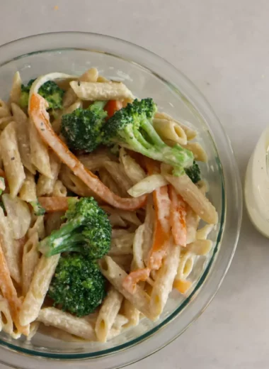 Gluten-free creamy pasta salad in a bowl.