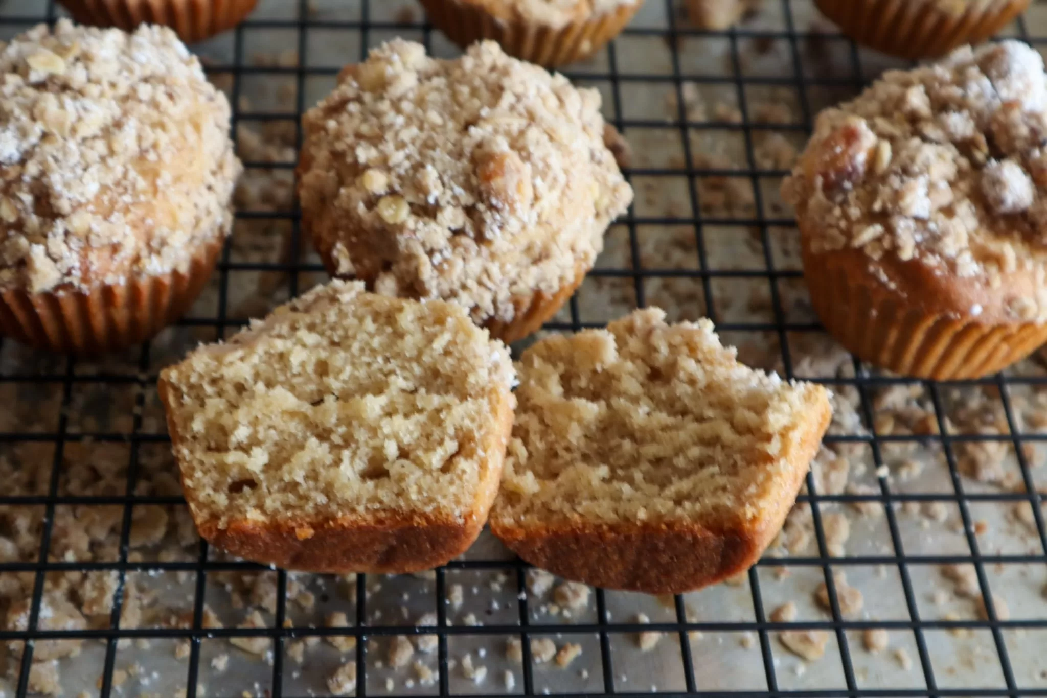 Gluten-Free maple crunch muffins on a cooling rack.