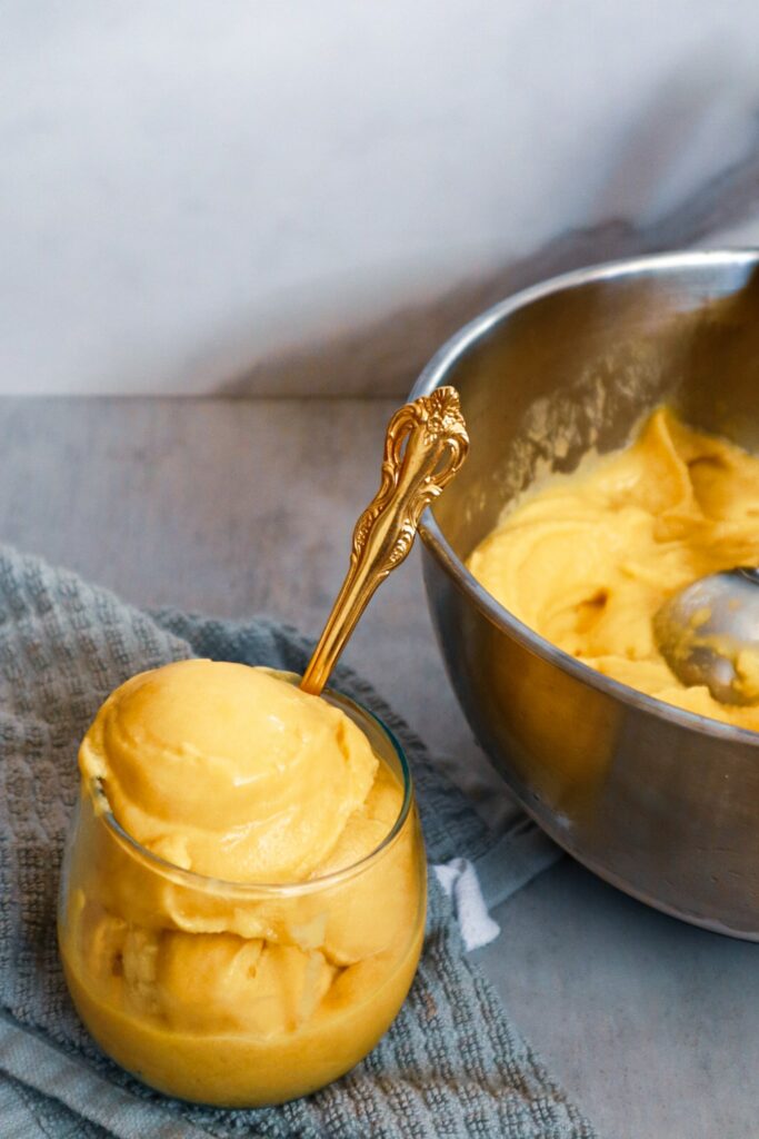 Paleo mango ice cream in a dessert glass.