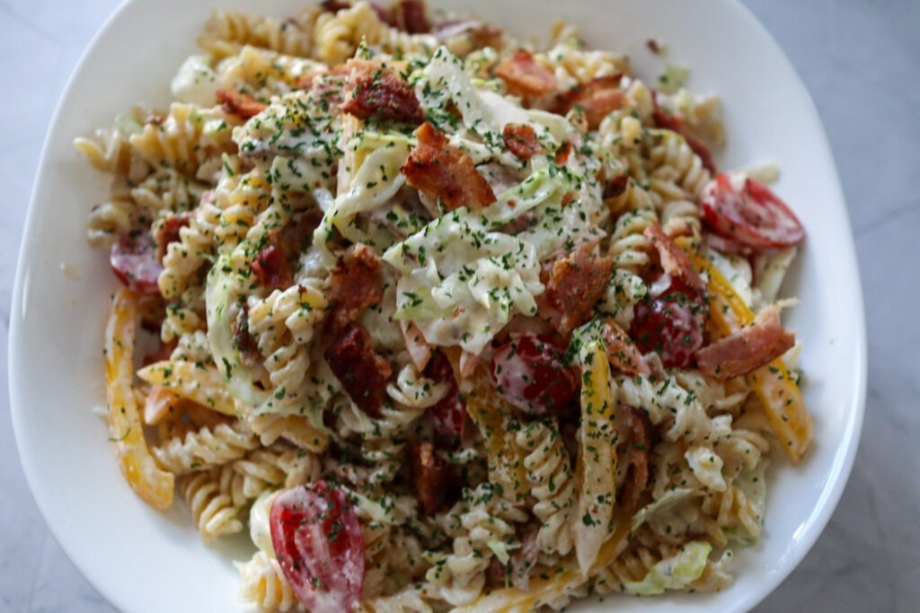 Gluten-free BLT pasta Salad in a serving bowl.