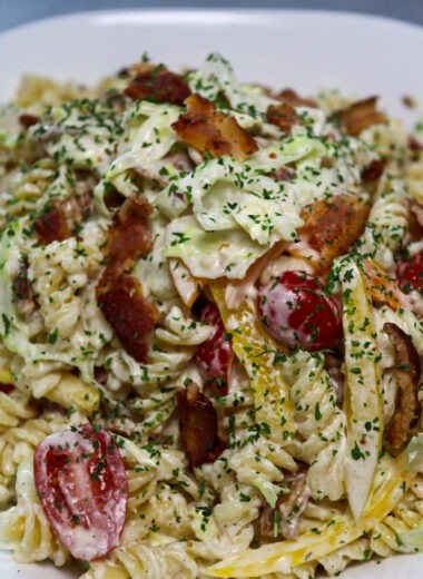 Gluten-free BLT pasta Salad in a serving bowl.