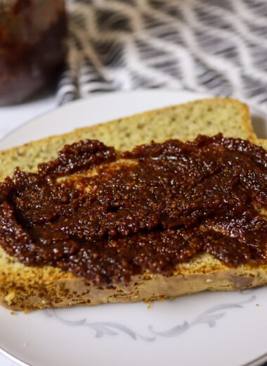 Fig jam made from dried figs spread on almond bread.