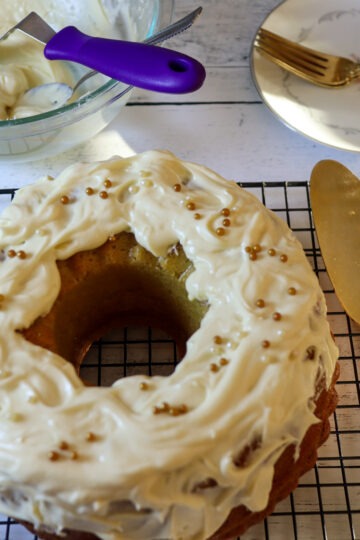 Almond paste cake with cream cheese glaze
