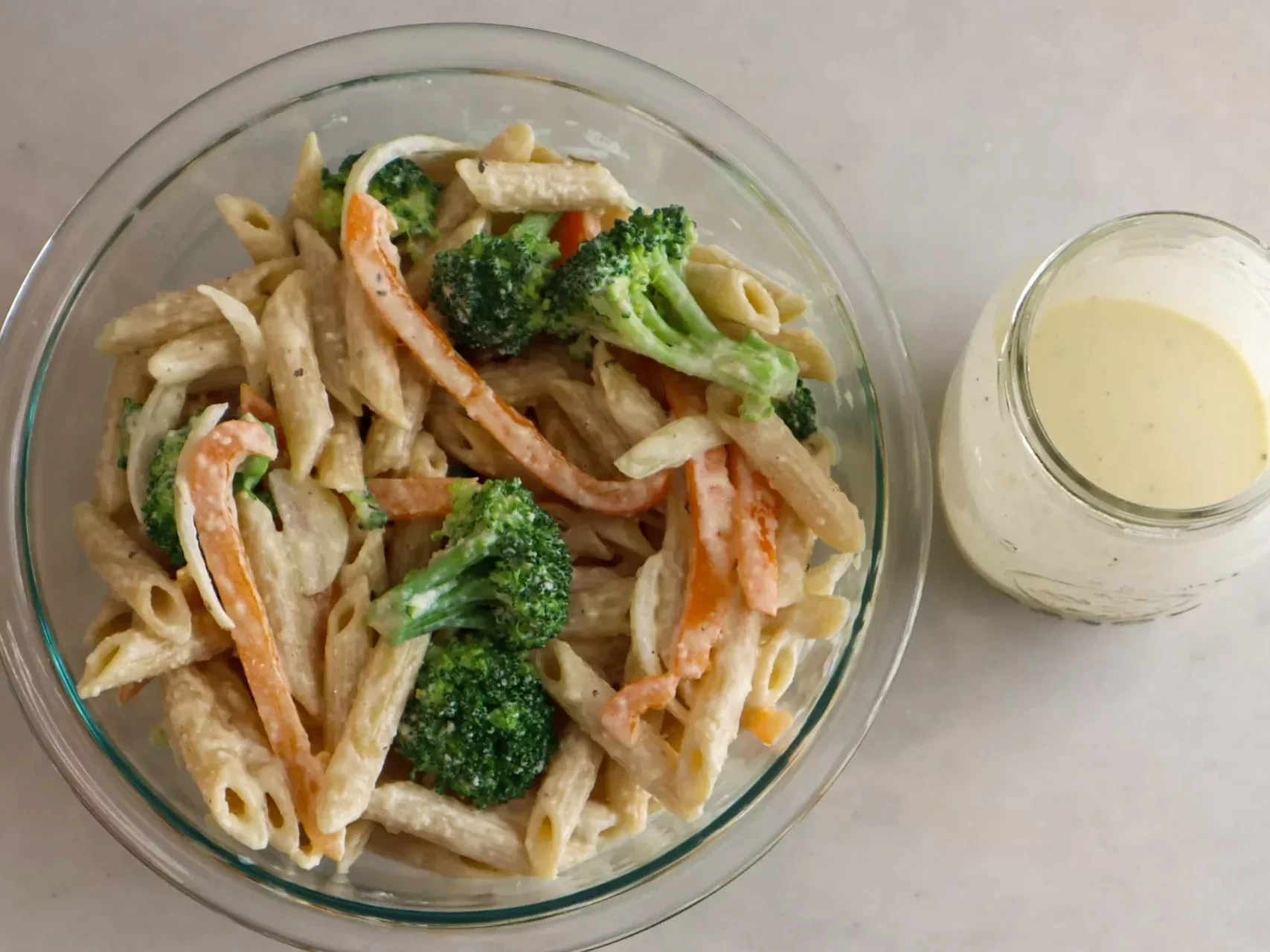 Gluten-free creamy pasta salad in a bowl.