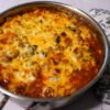 Low-carb beef and vegetable casserole in a skillet.